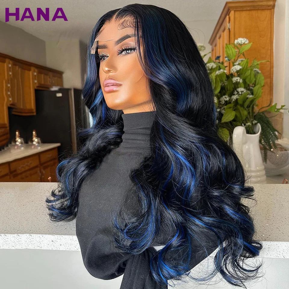 Ombre Blue Human Hair Wigs HD 13x6 Lace Frontal Wig Highlights Blue Brazilian Body Wave Bleached Knots Remy 5x7 Lace Closure Wig
