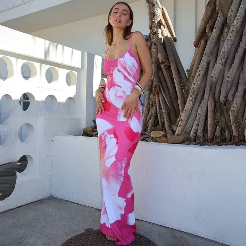 Elegant Printed Backless Long Dress Summer Women's Fashion Contrast Color Party Dress Patchwork Suspender Long Dress 2024 New