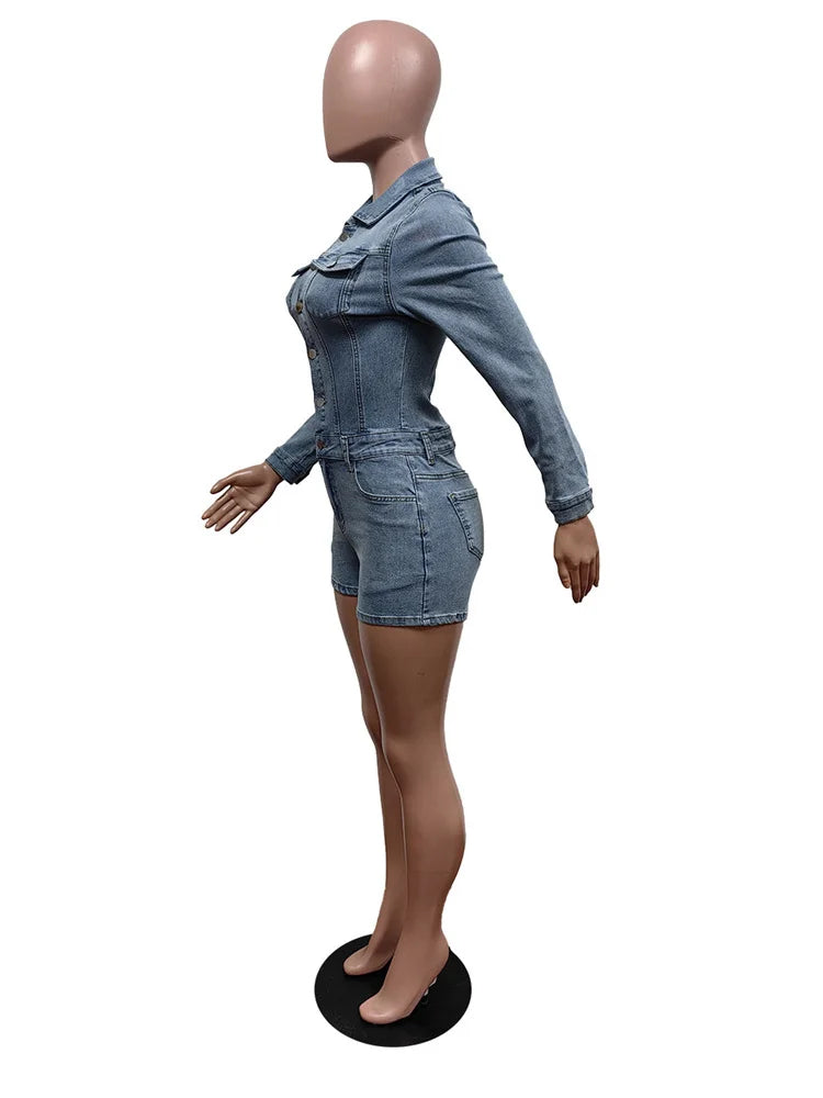 Weird Puss Elastic Denim Women Playsuit Lapel Single-Breasted Full Sleeve One Pieces Shorts Trendy Vintage High Street Partywear