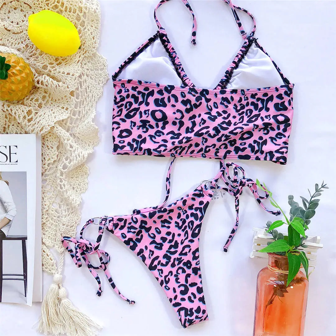Sexy High Cut Leopard Bikini Women Swimwear Female Swimsuit Two-pieces Bikini set Lace Up Bather Bathing Suit Swim V1708