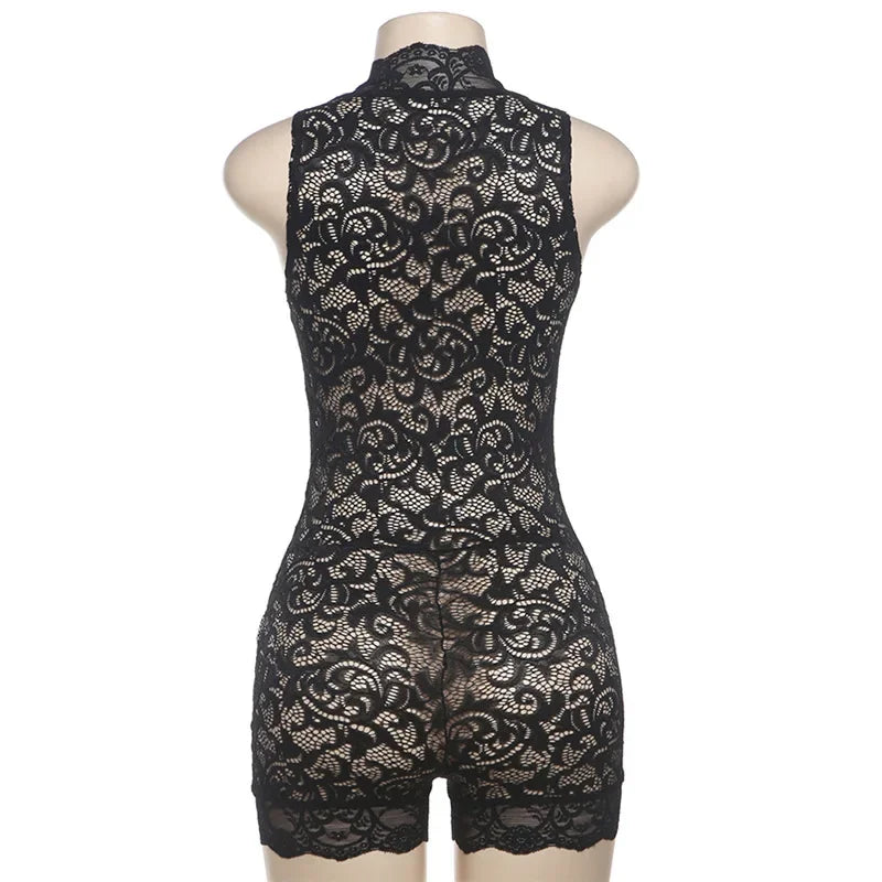 HLJ&GG Sexy Lace Perspective Hollow Out Bodycon One Pieces Rompers Womens V Neck Sleeveless Slim Jumpsuits Female Playsuits 2024