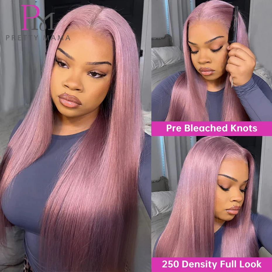 13x6 Ash Purple Pink Human Hair Wig 250 Density Lace Frontal Wig Bone Straight Lace Front Wig Human Hair Rose Gold Colored Wigs