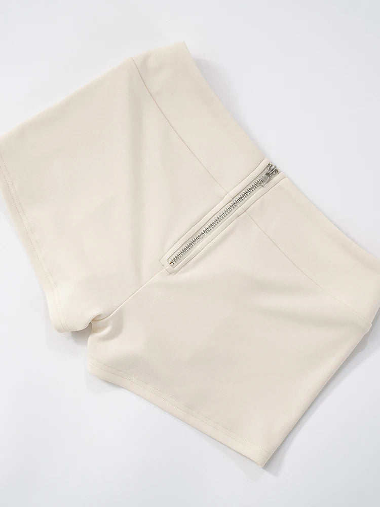 Weird Puss Lines Patchwork 2 Piece Set Women Zipper Cardigan Irregular Crop Top+Skinny Peach Hip Shorts Simple Sporty Streetweas