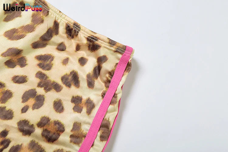 Weird Puss Leopard Print Sexy 3 Piece Set Women Beach Vacation Halter Bra+Panties+Shorts Summer Midnight Matching Party Clubwear
