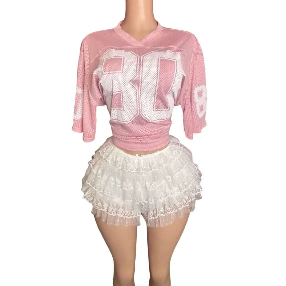HLJ&GG Fashion Letter Print Loose Tshirts Two Piece Sets Women V Neck Top And Mesh Stacked Shorts Outfit Female Streetwear 2024