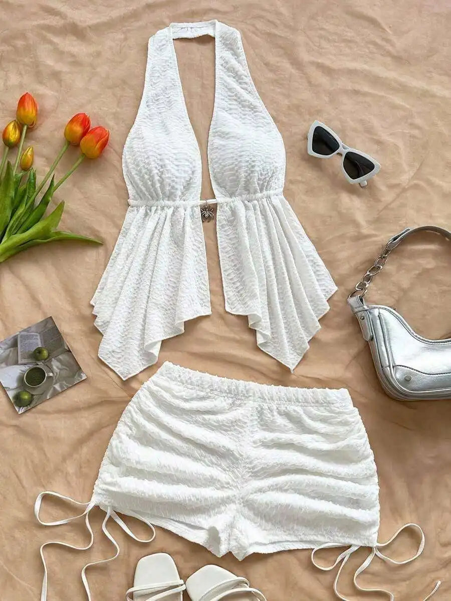 2pcs Women Halter Backless Tie-Up Top And Ruched Drawstring Shorts Set