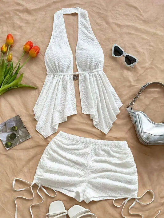 2pcs Women Halter Backless Tie-Up Top And Ruched Drawstring Shorts Set