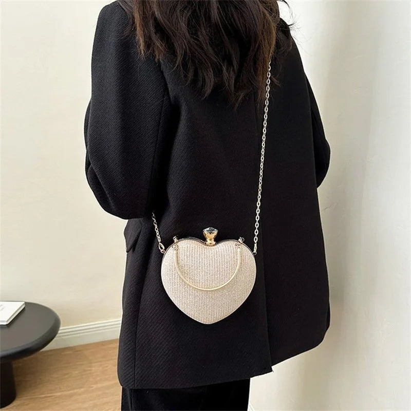 Evening Clutch Bag For Women Shiny Heart Shape Metal Clutch Chain Shoulder Purse