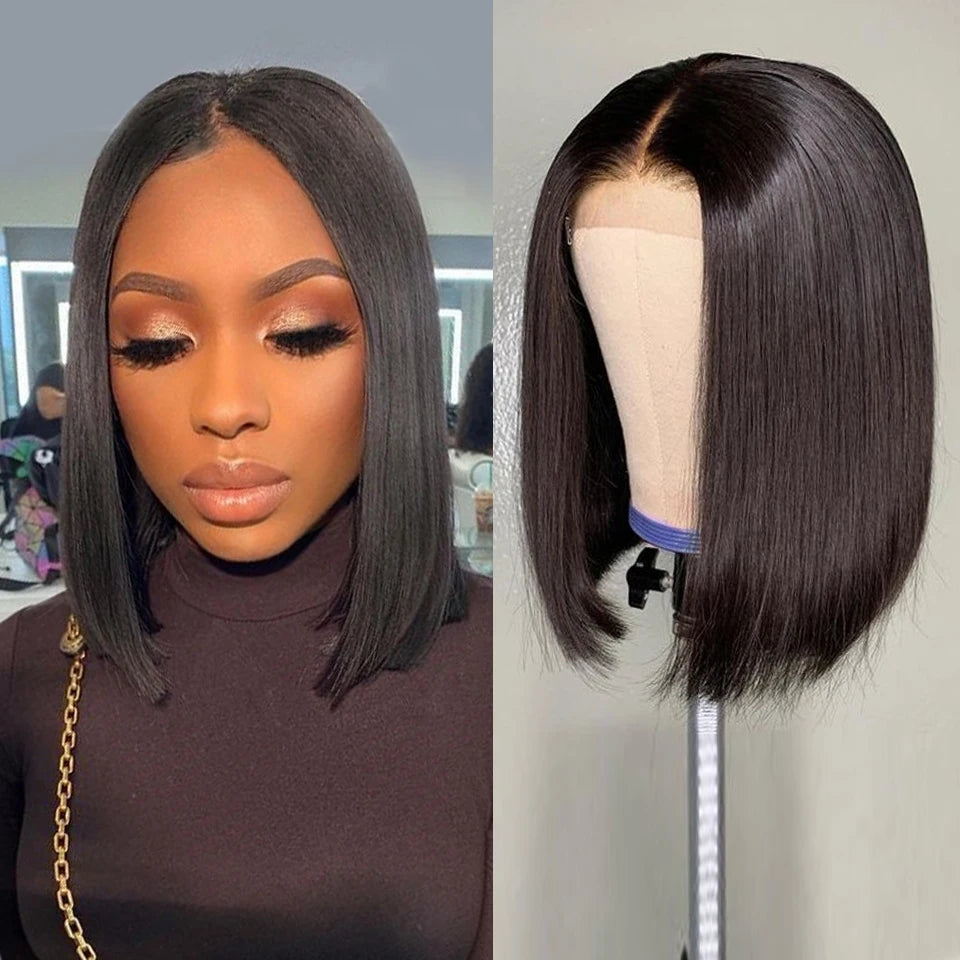 220% Density Bob Wigs Straight 100% Human Hair Lace Front Wigs 13x4 Bob Brazilian Remy Hair Pre-plucked Lace Front Wigs 16 inch