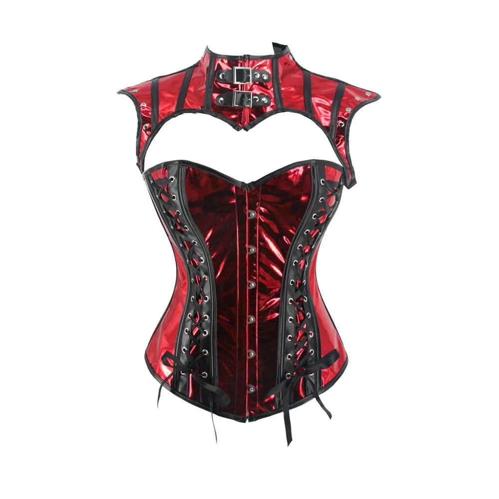 Faux Leather Corset Set Women's Steampunk Gothic Cosplay Game Armor Outfit Sexy Bustier Tops Nightclub Rave Costume