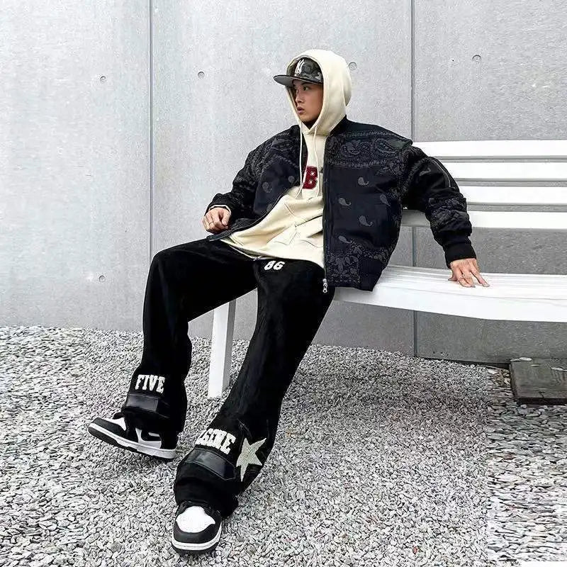 Summer New Casual Pants Men Retro Fashion Straight Pants Men Streetwear Drawstring Letter Hip-hop Trend Loose Balck Trousers