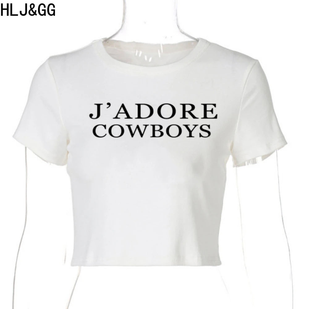 HLJ&GG Summer New Letter Print Tshirts Two Piece Sets Women O Neck Short Sleeve Crop Top And jeans Mini Skirts Outfit Streetwear