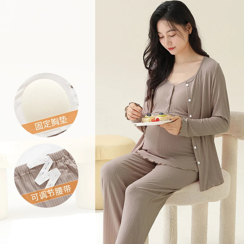 Pregnancy Comfort Pajamas Set Solid Color Long-sleeved Pants and Halter Vest Three-piece Maternity Nursing Homewear Sleepwear