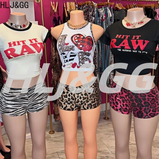 HLJ&GG Y2K Fashion Letter Printing Sequin Shorts Two Piece Sets Women Round Neck Short Sleeve Slim Crop Top And Shorts Outfits