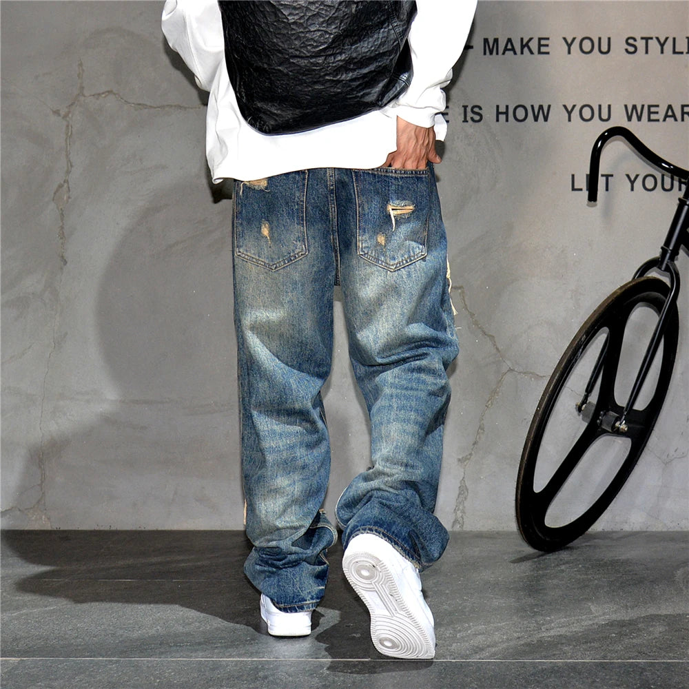 Ripped Baggy Jeans Distressed Denim Streetwear Skateboard Pants Straight Leg Patchwork Oversized Urban Fashion Workwear, men's jeans