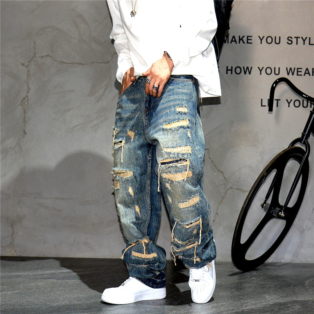 Ripped Baggy Jeans Distressed Denim Streetwear Skateboard Pants Straight Leg Patchwork Oversized Urban Fashion Workwear, men's jeans