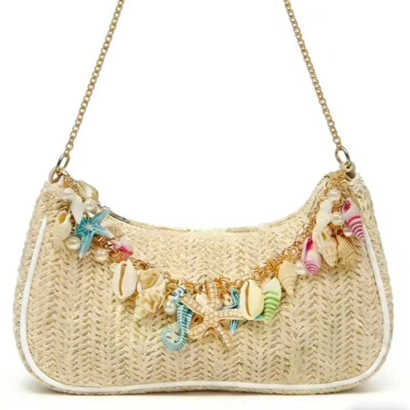 Bohemian Summer Straw Shoulder Bag with Ocean Shell, Starfish & Seahorse Charms, Perfect for Beach Vacation & Tropical Getaways