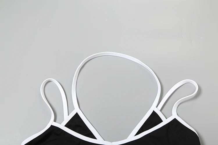 Weird Puss Patchwork 2 Piece Set Women Swimsuit Beach White Border Halter Bra Tops+Panties Basic Skinny Clubwear Vacation Suits