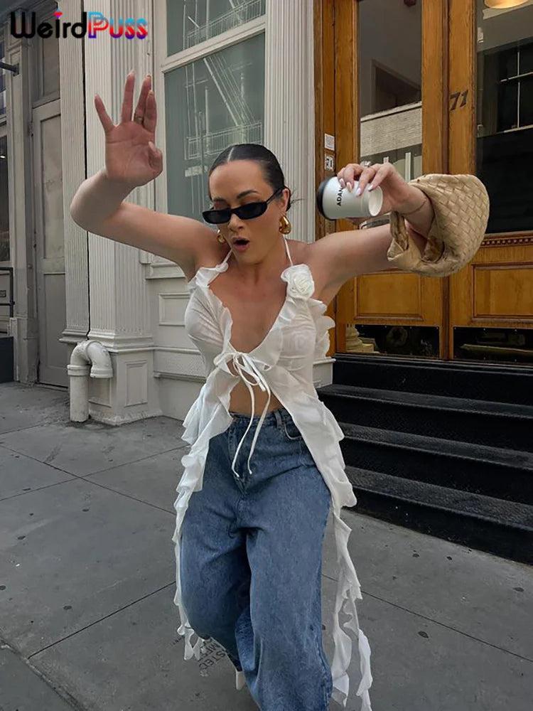 Weird Puss Blossoms Tank Tops Women Ruffles Y2K Summer Trend Sexy V-Neck Irregular Tassel Halter Backless Wild Street Camisole