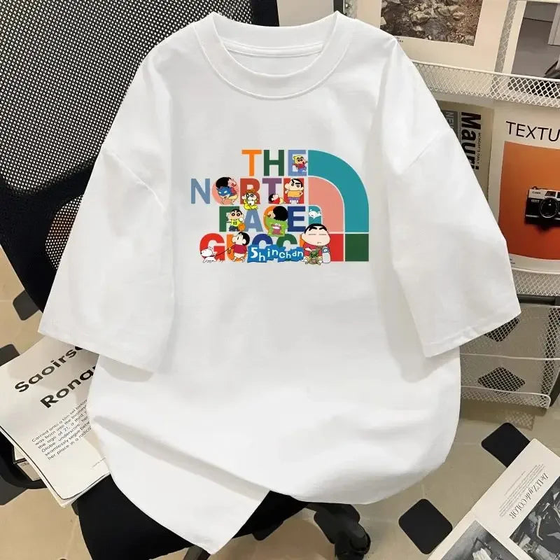 2025 Summer New Fashion High-end Brand Animation Joint Couple Printing Loose Casual Short-sleeved Round Neck Pure Cotton T-shirt