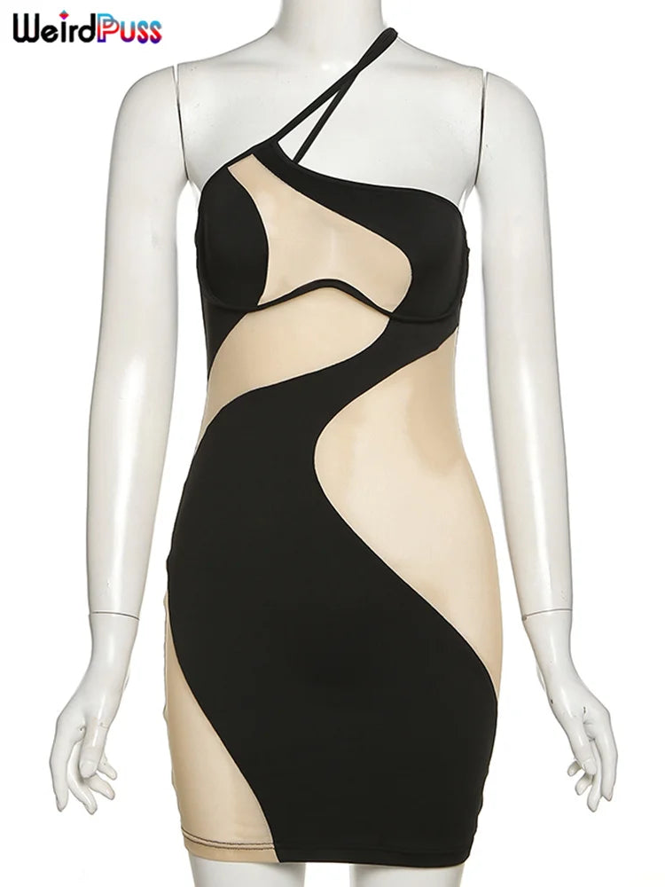 Weird Puss 2022 Mesh Patchwork Sexy Dress Women Sleeveless One Shoulder Skinny Summer Vacation Birthday Party Clubwear Bodycon