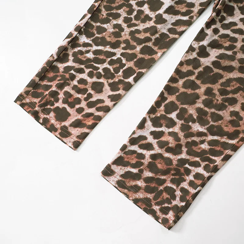 Weird Puss Sexy 3 Piece Set Women Leopard Print Mesh Full Sleeve Shawl+Bandage Metal Buckle Bra+Pants Street Trend Matching Suit