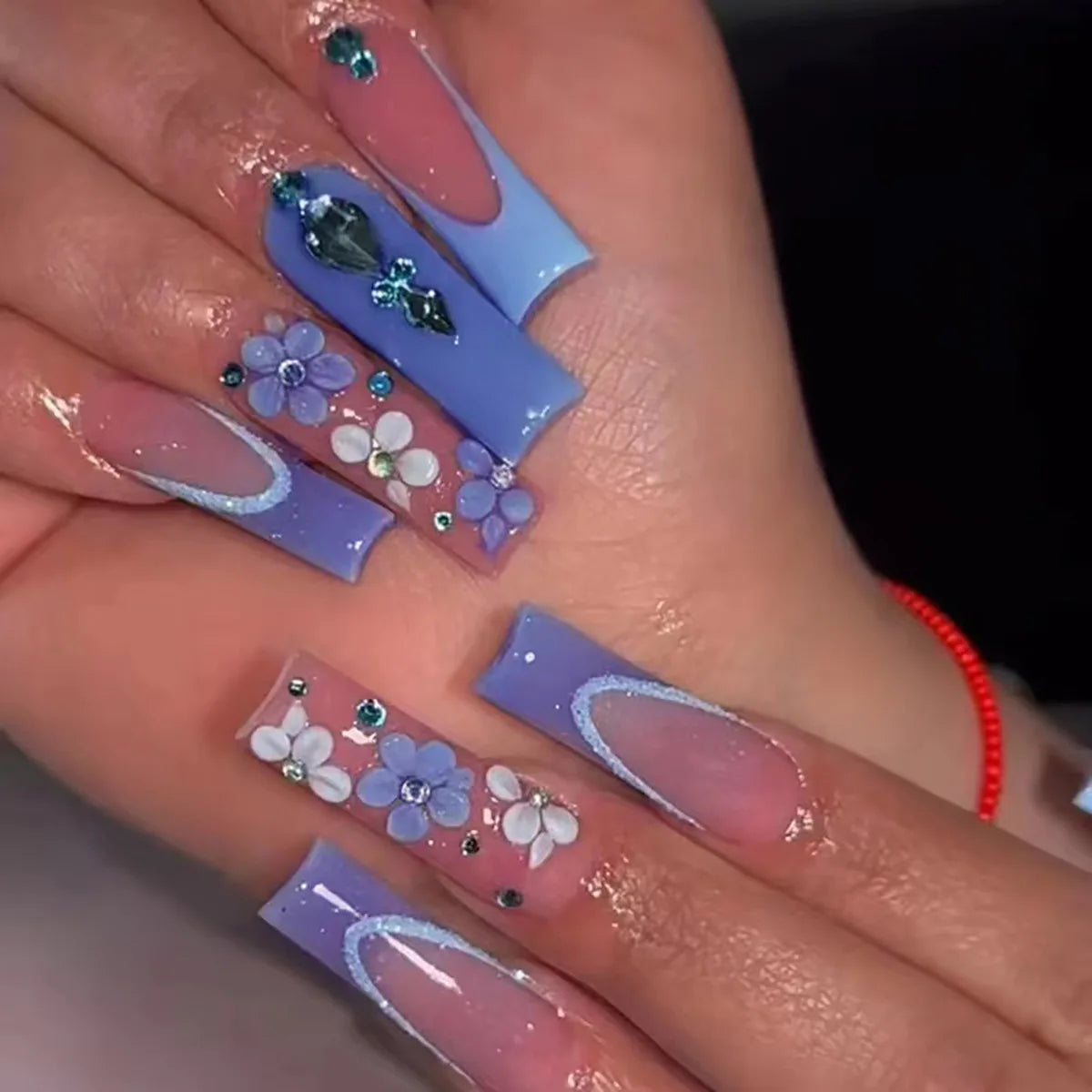 24Pcs Long Square Press on Nails Leopard Print French 3D Cherry Design False Nail Rhinestone Wearable Full Cover Fake Nails Tips