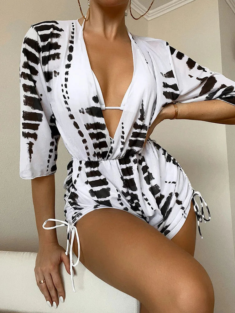 Sexy 3 Pieces Swimsuit Tropical Print Swimwear Halter Lace-Up Micro Bikini Set+Drawstring Bodysuit Cover Up Beachwear Tankinis