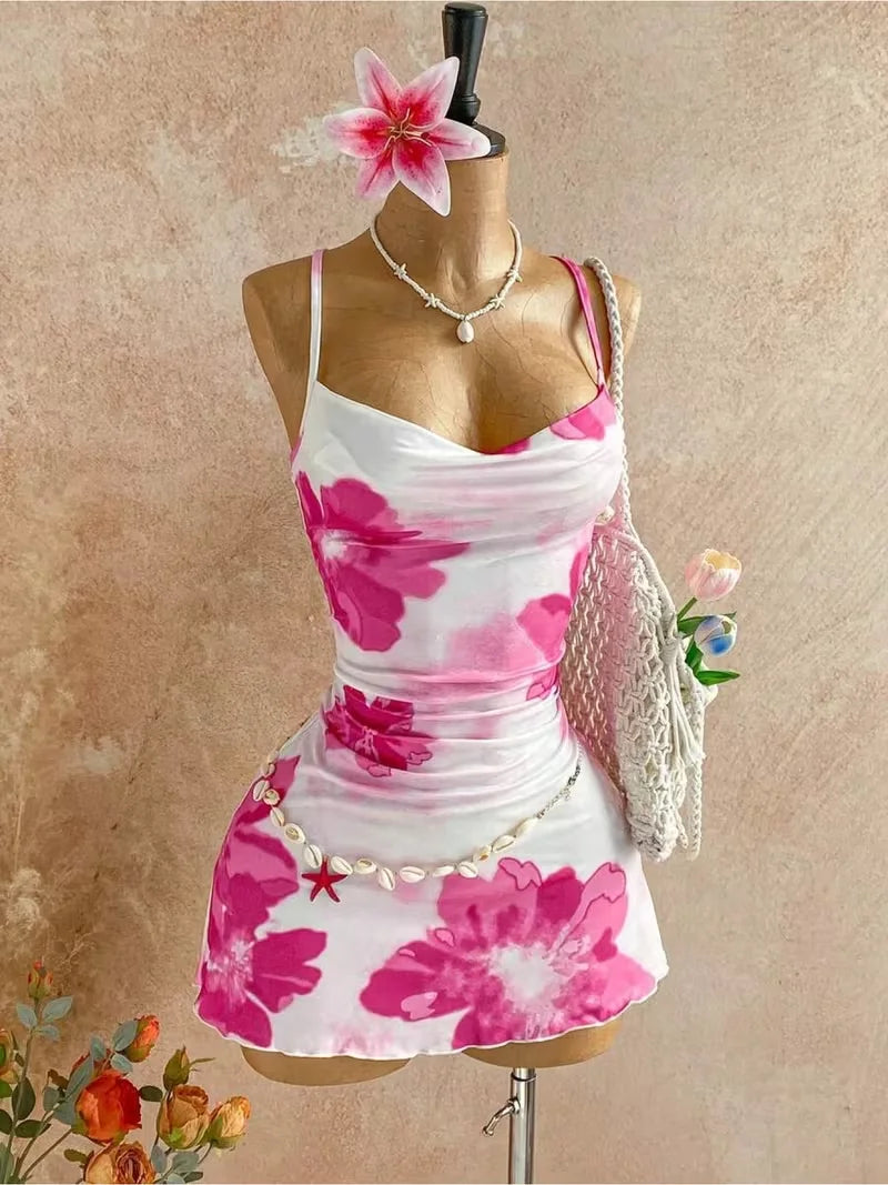 Women Thin Strap Cowl Neck Pink Floral Print Side Ruched Ruffle Hem Mini Bodycon Dress 2026 Summer Tropical Beach Y2K Going Out