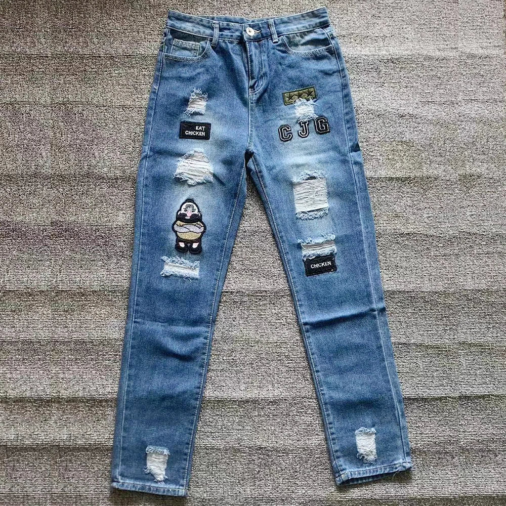 White Embroidery Skinny Ripped denim Men Cotton Stretchy Hole Slim Fit Hip Hop Denim Pants Casual Jeans for Men Jogging Trousers