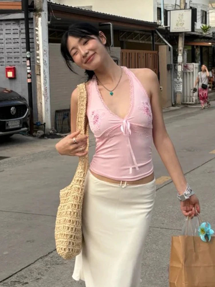 Tonngirls Y2k Fairycore Tank Tops Women Lace Print Graphic Tops Sleeveless Japanese 2000s Camis E-girls Streetwear Halter Tops