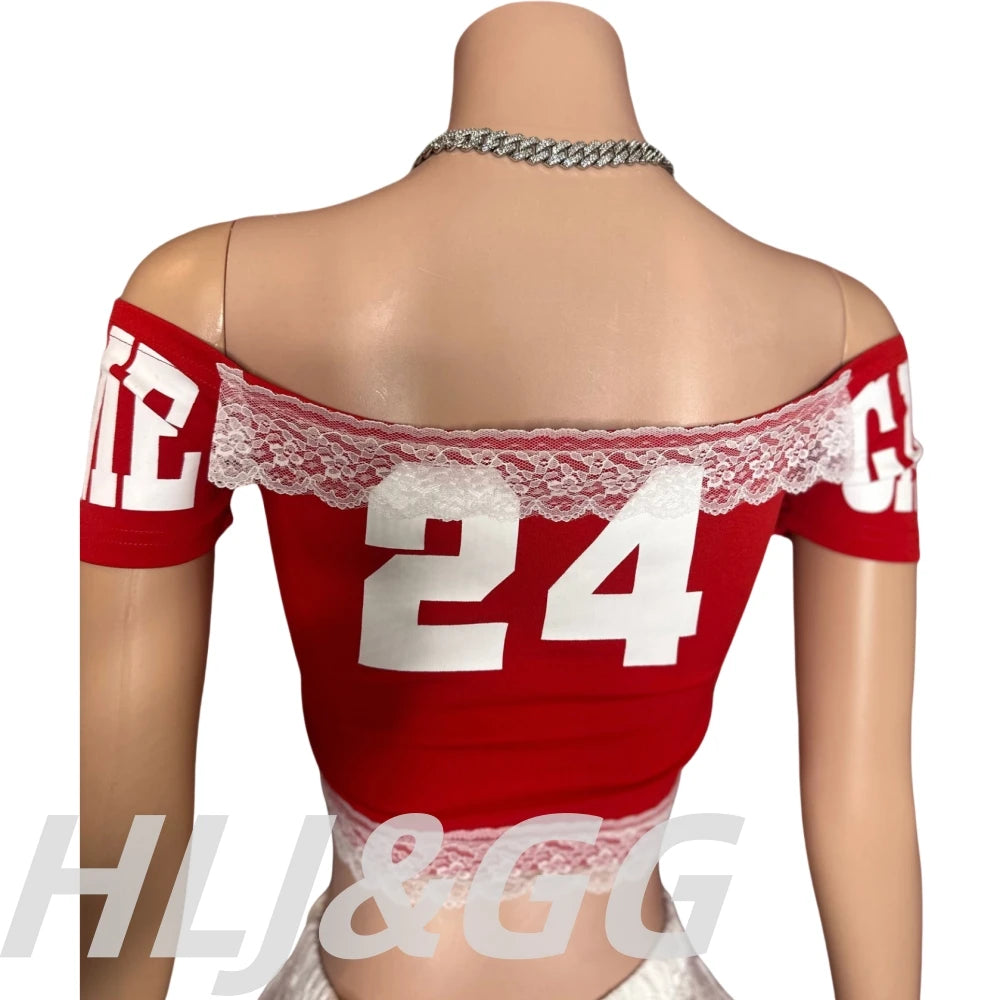 HLJ&GG Red Y2K Letter Lace Splicing Bandage Two Piece Sets Women Off Shoulder Hollow Crop Top And Skinny Ruffle Shorts Outfits