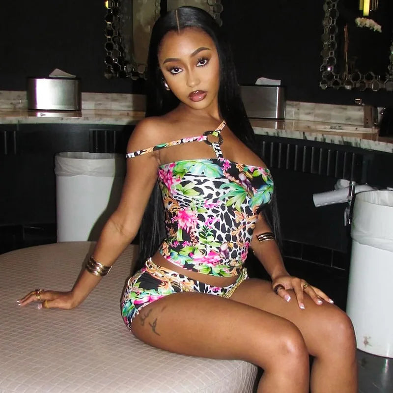 Sexy Nightclub Party Bikini Set with Irregular Round Buckle Printed Backless Short Tight Spring Summer Women's Lingerie Swimwear