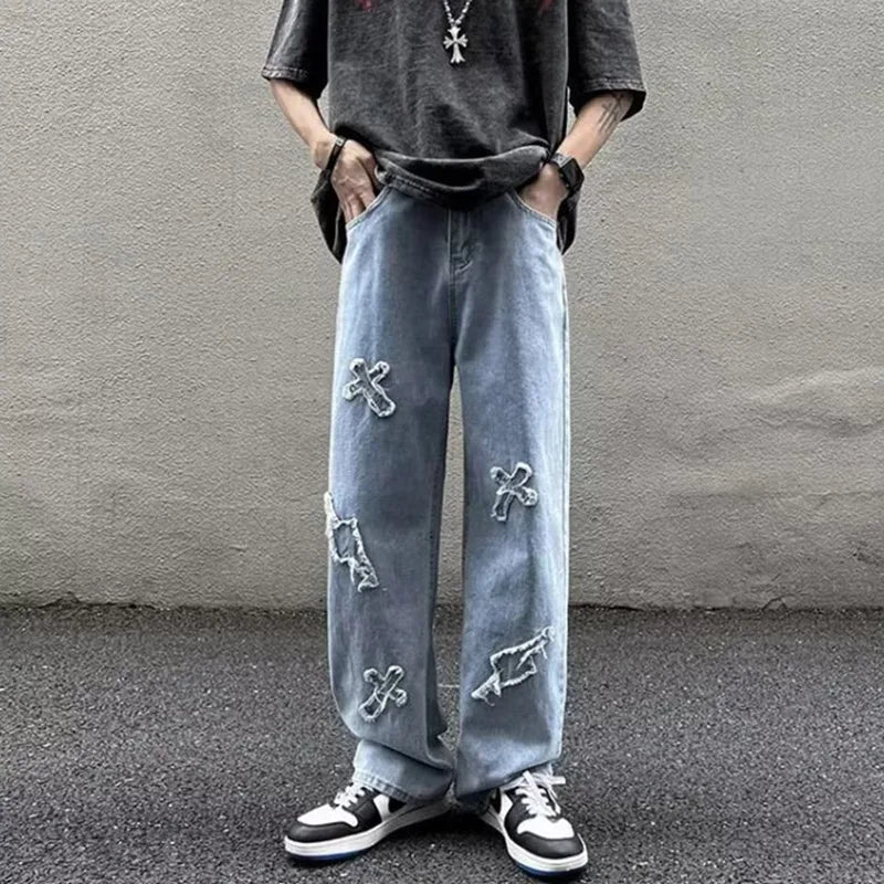 Straight Leg Denim Jeans Male New Fashion Casual Loose High Street Y2k Pants New Wide Leg Hip Hop Black Blue Pants