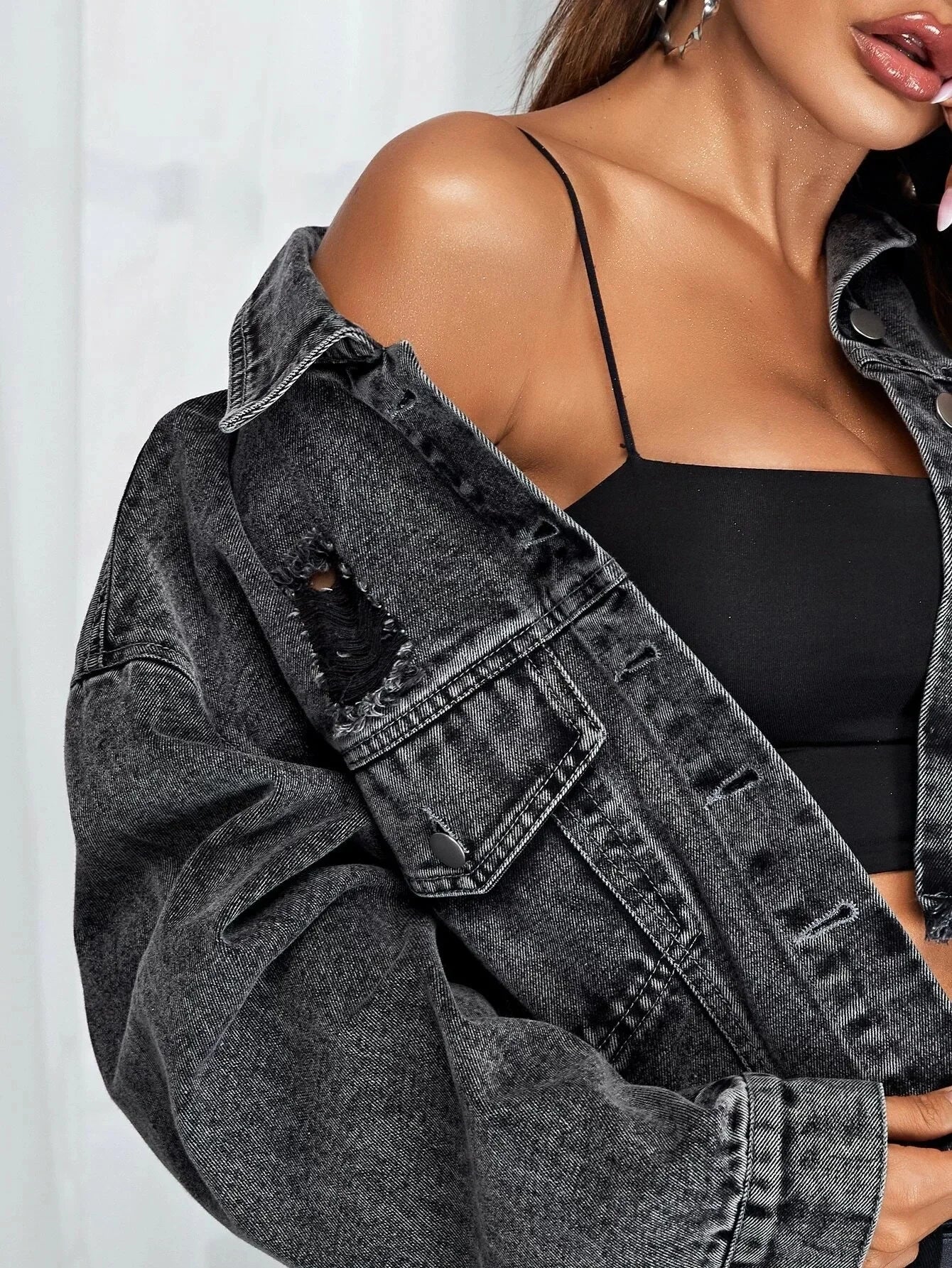 Donsignet Women's Jeans Jacket Spring Autumn New Fashion Burr Hole Coats Button Pockets Long Sleeve Black Casual Tops