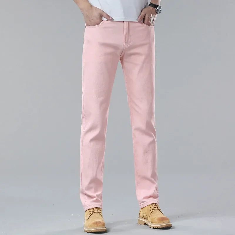 White Yellow Pink fashion 5 Color Men's Cotton Casual Pants Jeans Slim Straight Solid Color Business Trousers Four Seasons Brand