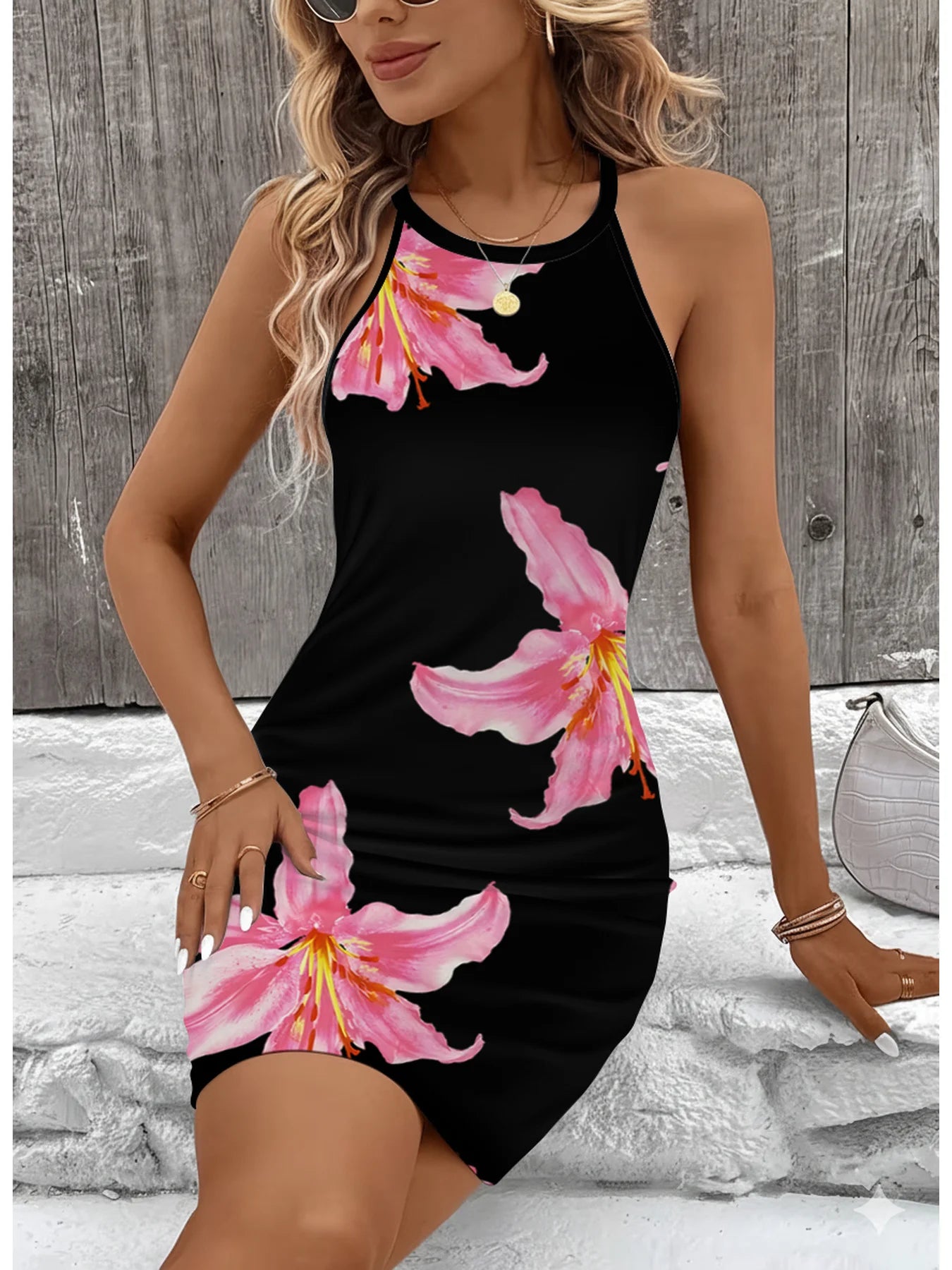 Women's Floral Print Camisole Dress Casual Summer Elegance round Neck Sleeveless Mid-Length Skirt