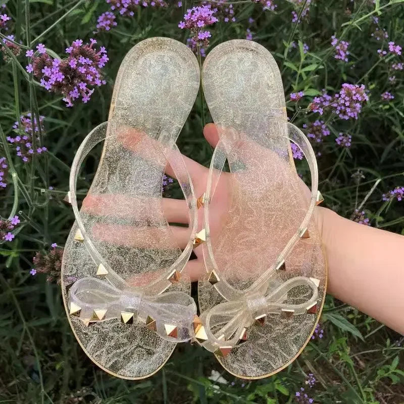 Size 36-42 2026 Hot Sale Fashion Women's Flip Flops Summer Shoes Cool Beach Rivet Big Bow Flat Sandals Jelly Shoes Sandals Girls