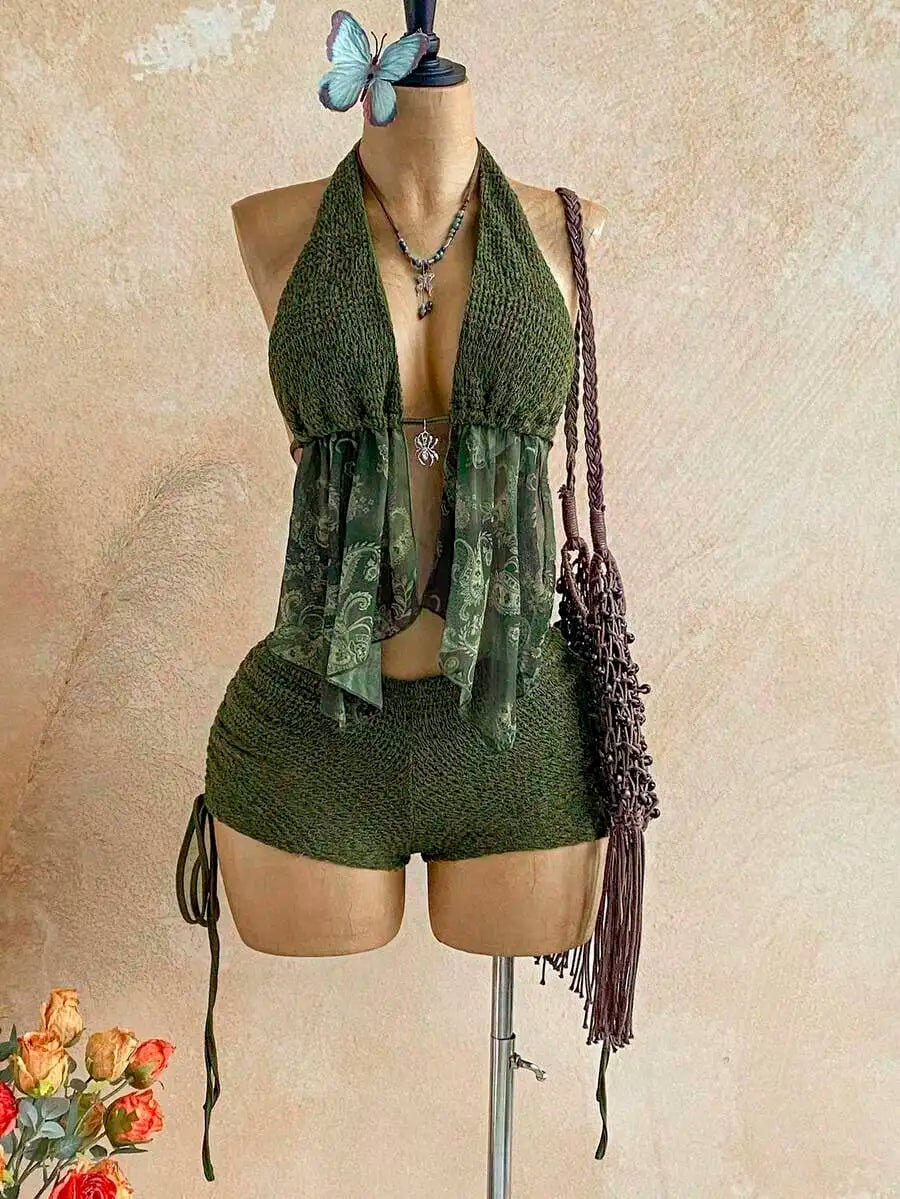 2pcs Women Halter Backless Tie-Up Top And Ruched Drawstring Shorts Set