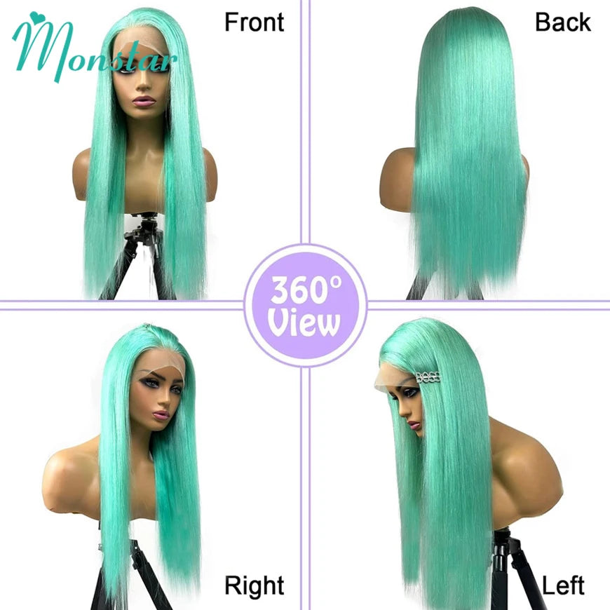 Mint Green Colored Human Hair Wigs Brazilian Straight 13x6 HD Transparent Lace Frontal Human Hair Wigs for Black Women 200% 250%