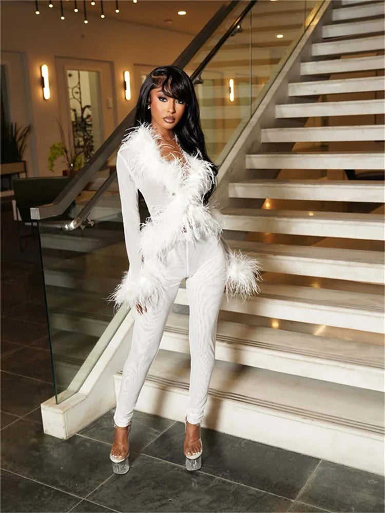 Weird Puss Sexy Fashion 2 Piece Set Women Fluff Patchwork Lace-Up Full Sleeve+Skinny Peach Hip Pants Club Coquett Trend Outfits