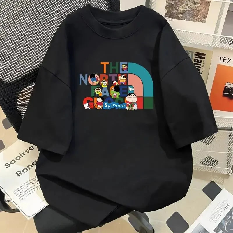 2025 Summer New Fashion High-end Brand Animation Joint Couple Printing Loose Casual Short-sleeved Round Neck Pure Cotton T-shirt