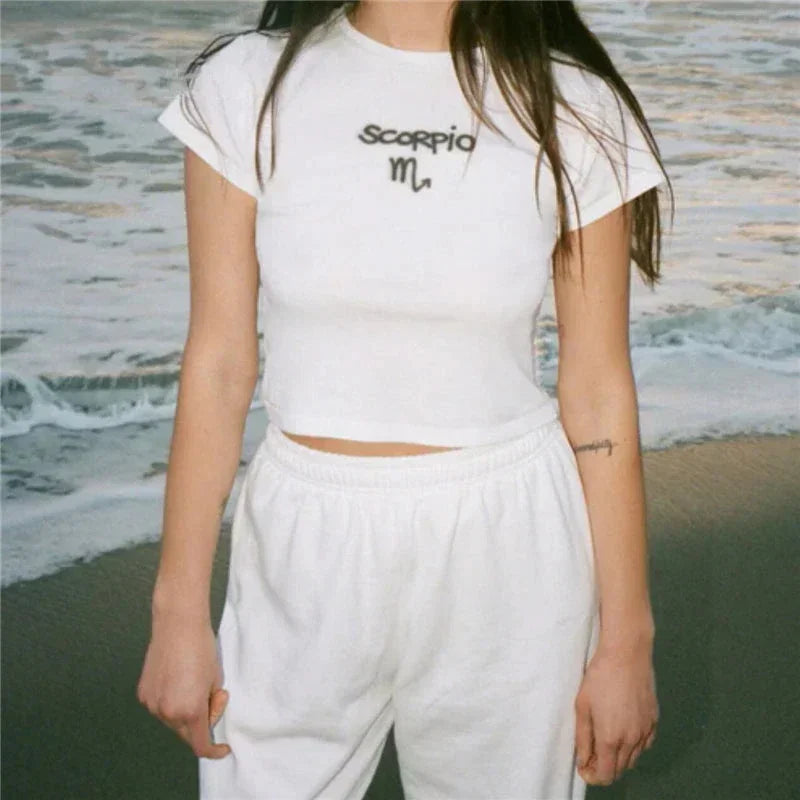 Y2K Baby T-shirt Slim Zodiac Sign Fitted Cropped Ribbed T-shirt crop top Cute Kawaii Tee Sexy Cap Sleeve Summer fairy grunge emo