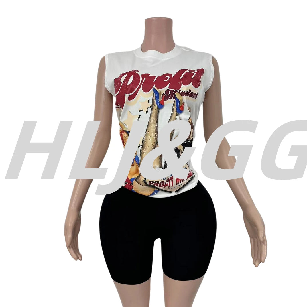 HLJ&GG Fashion American Vintage Style Pattern Print Two Piece Sets Women O Neck Sleeveless Top And Tiger Bandage Shorts Outfits