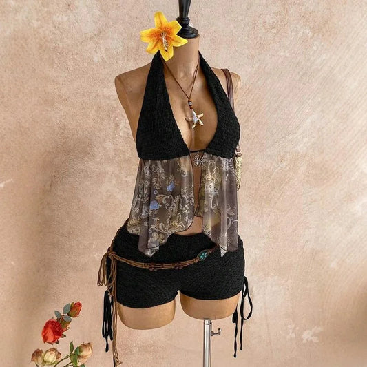 Retro Ethnic Style Knitted Floral Chiffon Top Drawstring Shorts Set Deep Brown off Shoulder Two Piece Set Streetwear Trend