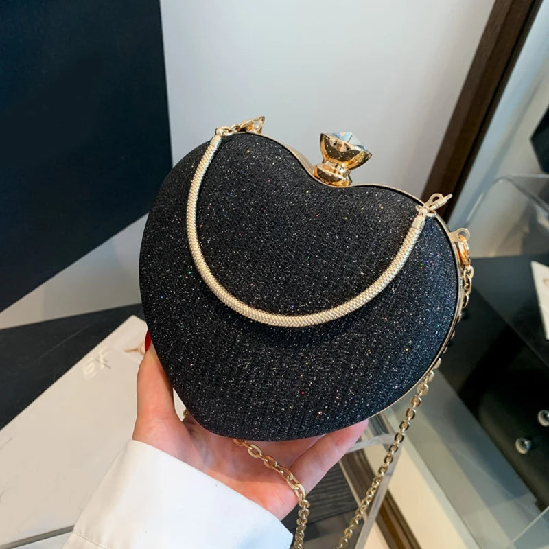 Evening Clutch Bag For Women Shiny Heart Shape Metal Clutch Chain Shoulder Purse