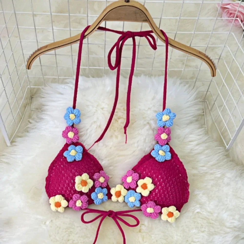 HLJ&GG Sweet Pastoral Fashion Knitting Little Flower Hollow Two Piece Sets Women Halter Lace Up Backless Bra And Shorts Outfits