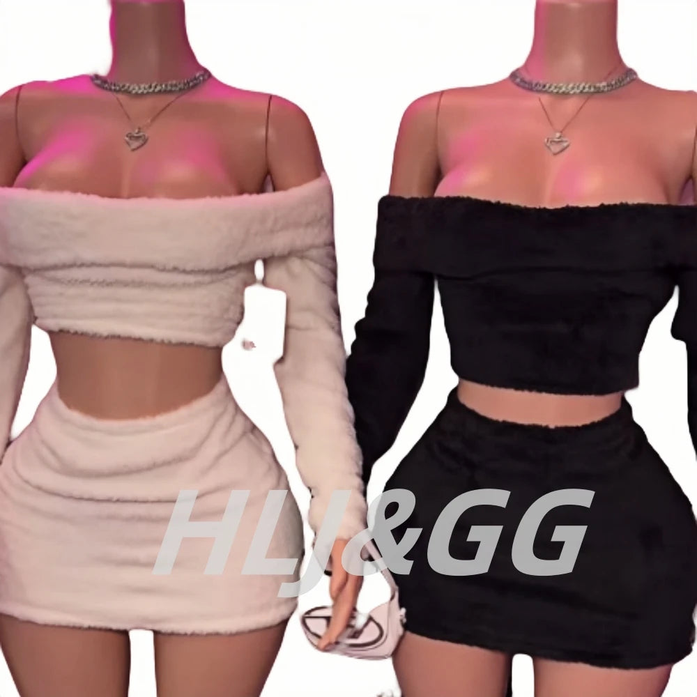 HLJ&GG Fashion Off Shoulder Fur Mini Skirts Two Piece Sets Women Long Sleeve Backless Slim Crop Top And Skirts Outfit Streetwear