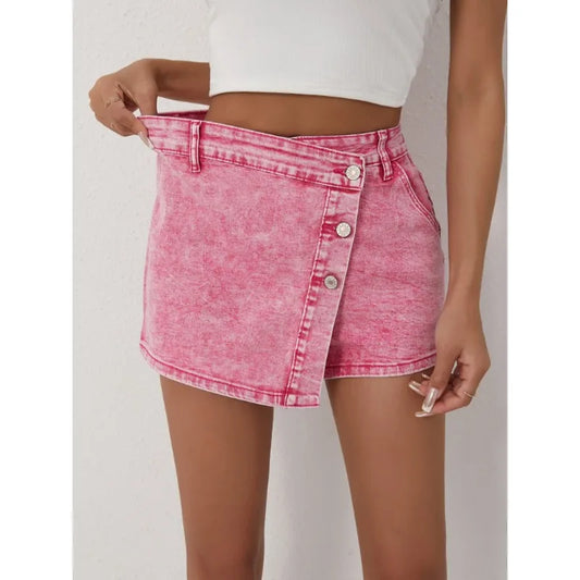 Ladies Shorts Casual Fashion Style High Waisted Pants with Asymmetrical Buttons 2025 New Pink Jeans