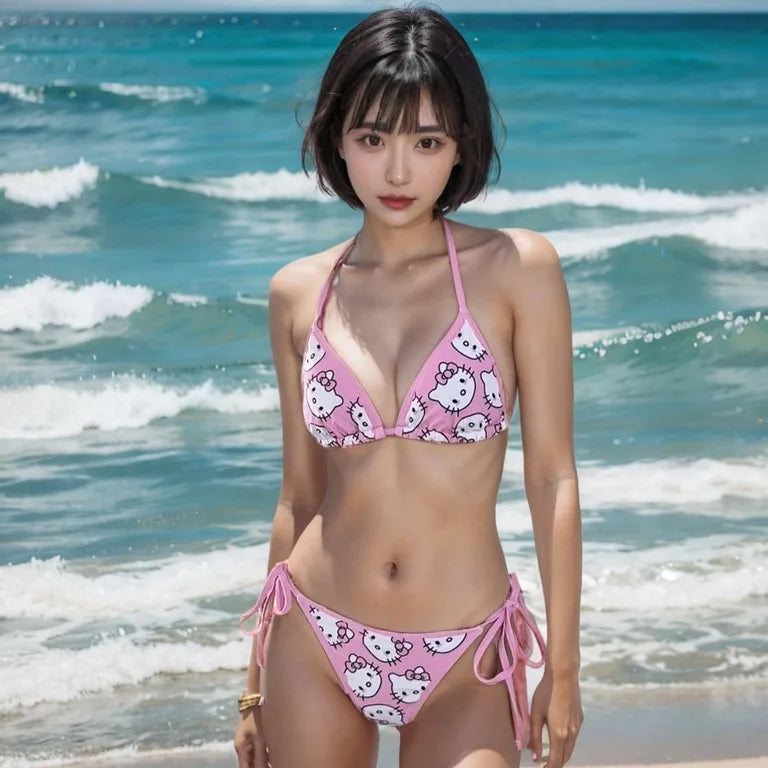 Sanrio Hello Kitty Kawaii Bikinis Set Cute Cartoon Anime Summer Beach Soft Side Strappy Panties Kawaii Swimsuit Sexy Bikini Y2k